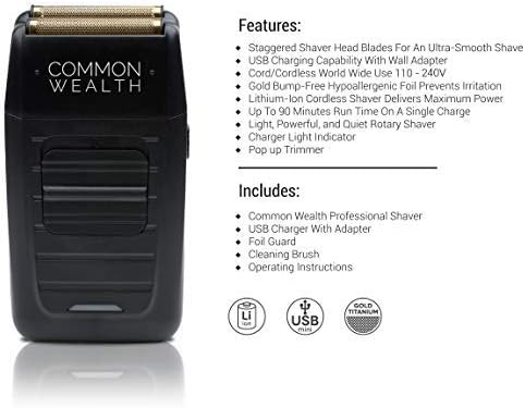 Common Wealth Professional Shaver Cordless Hypoallergenic Bump Free Gold Pro Foil Barber Finishing Shaper Trimmer Tool CWPS26 for Beard Neckline & Tapered Fades