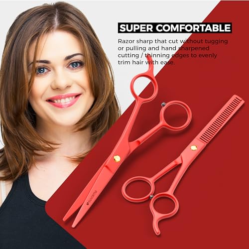 Suvorna 6.5" Professional Hair Scissors Set with Thinning Shears for Hair Dressers, Barbers and Professionals - Extremely Sharp Hair Cutting Scissors Set for Thinning and Layering (Red)