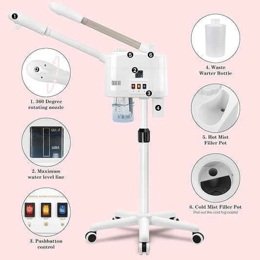 Professional Facial Steamer, 2 in 1 Face Steamer with Cold & Hot Mist, Ozone Facial Steamer with Timer Function, Stand Face Steamer Adjustable Height for Spa, Salon and at Home use