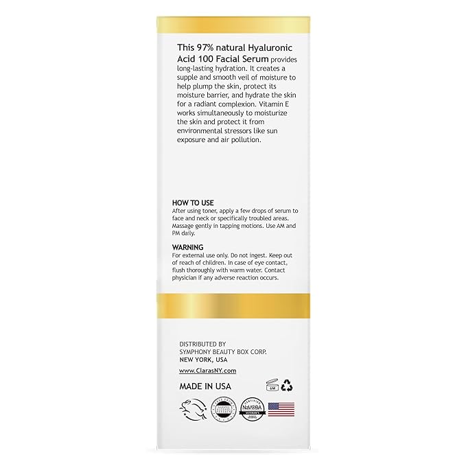 CLARA'S NEW YORK Hyaluronic Acid 100 Facial Serum with Vitamin E – Hydrating, Plumping & Anti-Aging Face Serum – Made in USA 30ml / 1 Fl Oz