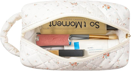 JOVAKIT Travel Makeup Bag Cosmetic Bag for Women, Christmas Gifts, Small Floral Flowers Coquette Toiletry Bag with Handle, Zipper Make Up Pouch Organizer Bag Trendy Stuff (Beige Floral)