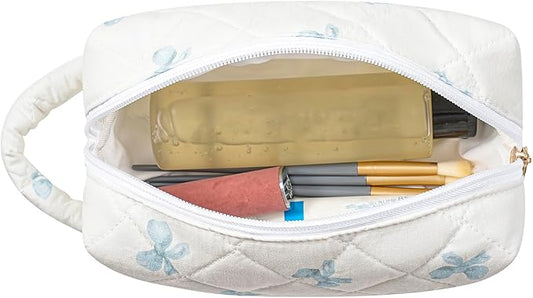 JOVAKIT Travel Makeup Bag Cosmetic Bag for Women, Christmas Gifts, Small Floral Flowers Coquette Toiletry Bag with Handle, Zipper Make Up Pouch Organizer Bag Trendy Stuff (Blue Bow Tie)