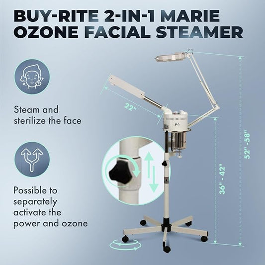 Buy-Rite 2-in-1 Marie Ozone Facial Steamer, 5 Diopter Magnifying Lamp, Fully Adjustable Height, 360' Swivel, Timer and Automatic Shut-Off, Large Star Base with Wheels, MEI-2001A