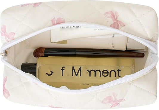 JOVAKIT Square Makeup Bag Cute Cosmetic Bag for Women, Floral Coquette Aesthetic Toiletry Bag, Zipper Make Up Pouch, Travel Make Up Organizer Bag (Pink Bow Tie)