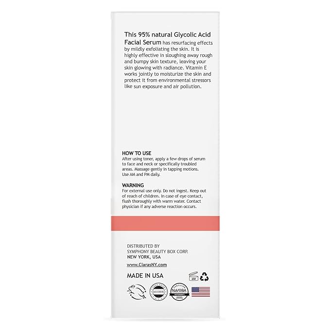 CLARA'S NEW YORK Glycolic Acid Facial Serum with Vitamin E for Exfoliating Smoothing Glowing Face Skin - Made in USA 30ml (1Fl/Oz) (Glycolic Acid)