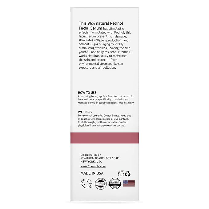 CLARA'S NEW YORK Retinol Facial Serum with Vitamin E – Hydrating, Firming & Skin-Supportive – 30ml / 1 Fl Oz – Made in US