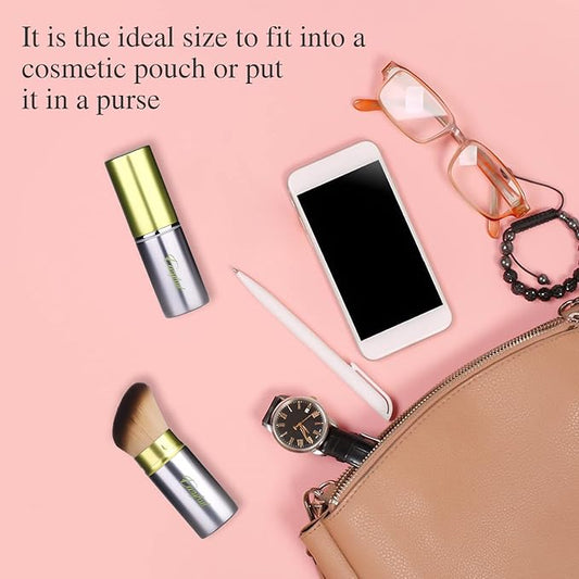 Retractable Kabuki Makeup Brushes 2 Pcs Blush Brushes Set Portable Powder Brushes with Flat and Angled Top for Liquid Cream Cosmetics Travel. (Silver Green)