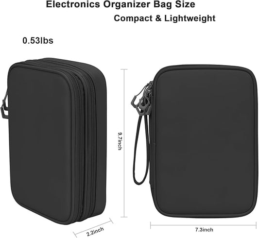 DDgro Travel Electronic Accessory Organizer for Keeping Cables Cords Chargers Phone Earphones SD Cards, Double Layers Storage Pouch Bag (Black, PU-Large)