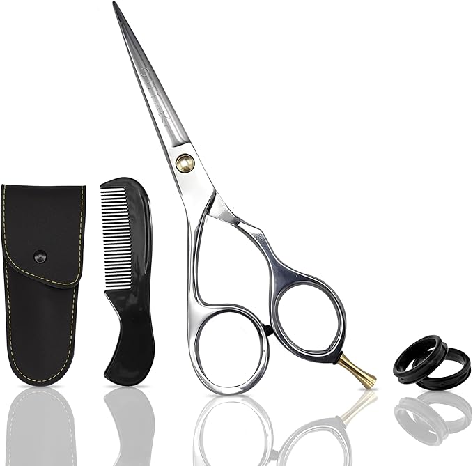 Ontaki Hair Scissors for Beard & Mustache - 5.5" 420C Japanese Steel, Silver, Right Hand - Hand-Forged Hair Cutting Scissors with Ergonomic Handles - Includes Beard Comb with Handle & PU Leather Pouch
