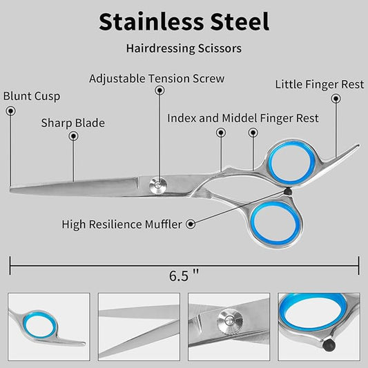 Hair Cutting Scissors,6.5 Inch Professional Stainless Steel Barber Haircut Shears Razor,Sharp Blades,One Comb Included, For Salon Home Men Women Adults Kids Pet (Silver)