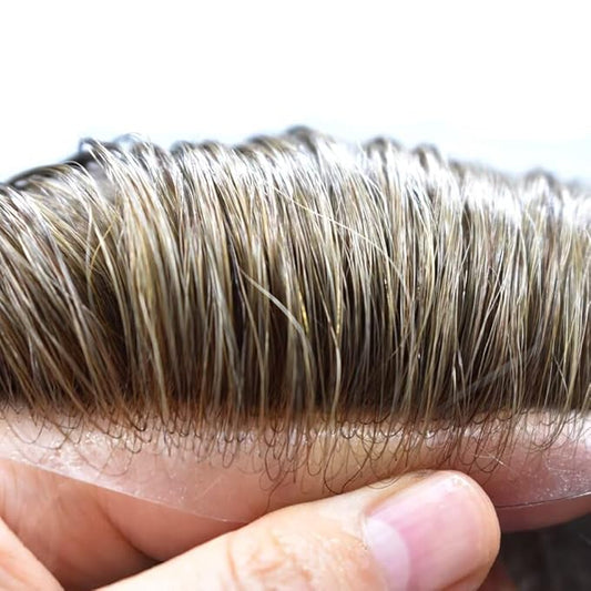 Mens Toupee Human Hair Piece French Lace Toupee for Man Hair System Indian Human Hair Replacement Systems V-Looped PU Front Hairpieces 7"X9" #1710 Dark Ash Blonde with 10% Gray