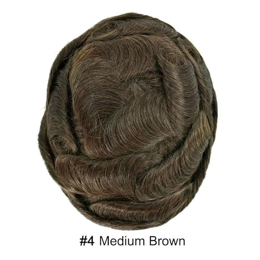 Toupee for Men French Lace Mens Toupee Human Hair Replacement Systems Lace Center with PU Around Hair Piece V-Looped Front Male Hair Prosthesis 7"X9" 4# MEDIUM BROWN