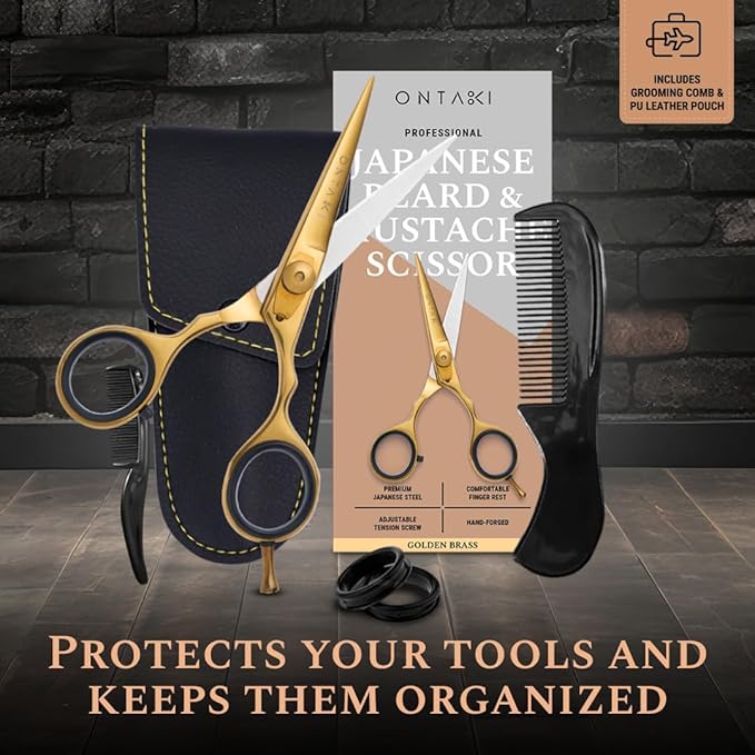 Ontaki Japanese Steel Beard & Hair Trimming Scissors - Precision Convex Blades Hair Cutting Scissors - Adjustable Tension Knob Barber Shears - Rubber Ring Grip & Mustache Comb - Gold Brass, 5.5 in