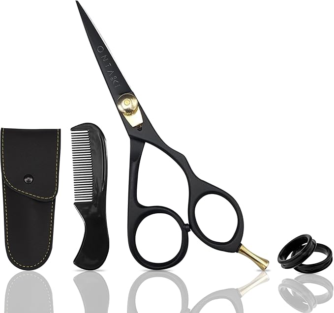 Ontaki Japanese Steel Beard Scissors for Men - 5.5" Ergonomic Black, Right-Handed - Scissors & Comb Travel Set, Beard Grooming Kit with Mustache Comb & Carry Pouch, Blunt-Tip Facial Hair Shears