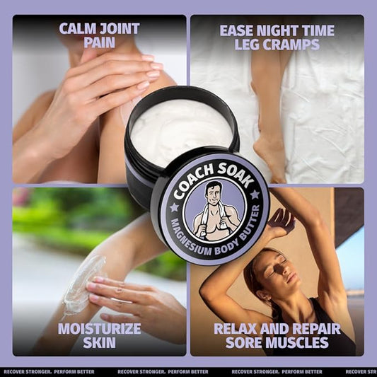 Coach Soak Nighttime Magnesium Body Butter, Thick Cream with High Magnesium Concentration, Soothes Muscles Overnight, Shea Butter, Almond Oil & Lavender, Large Size (8oz)