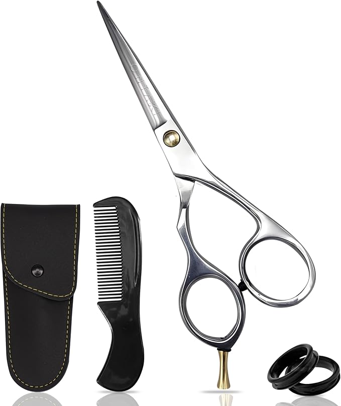 Ontaki 5.5-Inch Japanese Mustache & Beard Scissors - Left-Handed Silver 420C Steel - Hand-Forged & Left-Handed Beard Shears - Ergonomic & Hair Scissors - Comb & Pouch & Barber Shears for Facial Hair