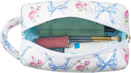 JOVAKIT Travel Makeup Bag Cosmetic Bag for Women, Christmas Gifts, Small Floral Flowers Coquette Toiletry Bag with Handle, Zipper Make Up Pouch Organizer Bag Trendy Stuff (Blue Bowknot)