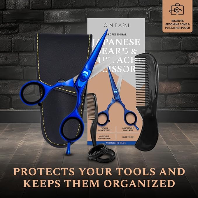 Ontaki Japanese Steel Beard & Hair Scissors - Safe Rounded Tips & Mustache Comb - Ergonomic Grip Beard Scissors for Men - Professional Craftsmanship Barber Shears - Midnight Blue, 5.5"