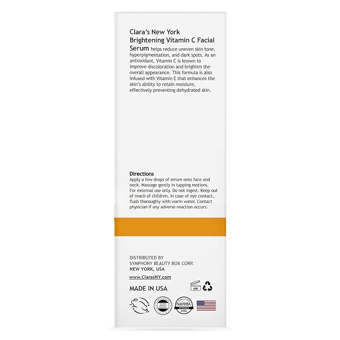 CLARA'S NEW YORK | Vitamin C Facial Serum | with Hyaluronic Acid, Ascorbic Acid, Niacinamide, Probiotics | Reduce Dark Spot, Acne, Scars |Brightening, Antioxidant, Minimize pores |30ml | Made In USA