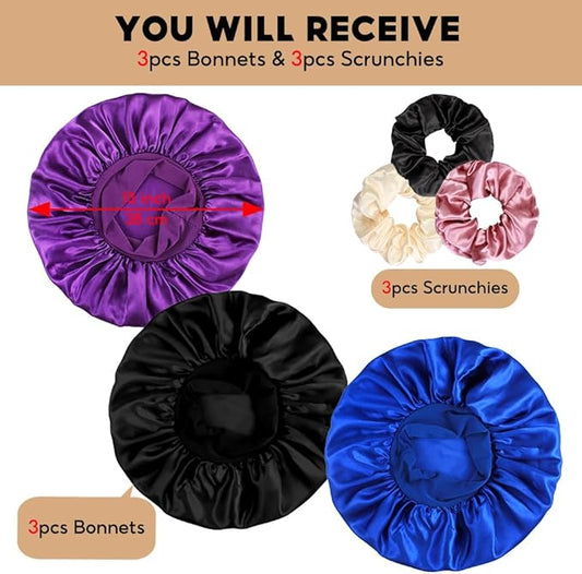 3+3 Large Satin Bonnets with Scrunchies for Women, Wide Band Hair Bonnet for Sleeping Braids Curly Hair