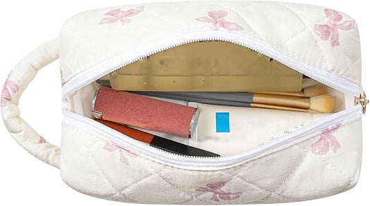 JOVAKIT Travel Makeup Bag Cosmetic Bag for Women, Christmas Gifts, Small Floral Flowers Coquette Toiletry Bag with Handle, Zipper Make Up Pouch Organizer Bag Trendy Stuff (Pink Bow Tie)