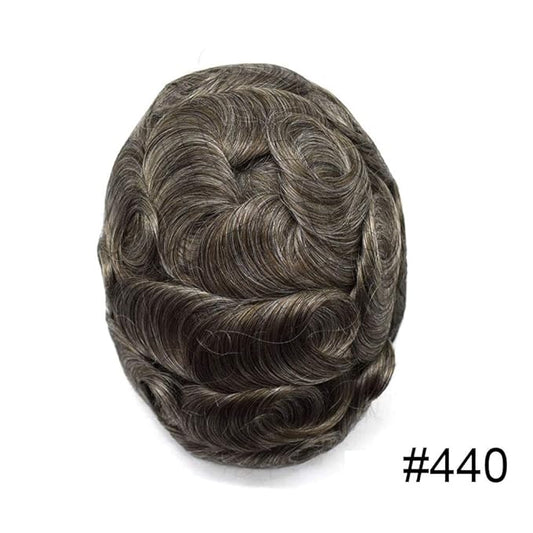 FACE MIRACLE Toupee for Men French Lace Hairpiece Human Hair Replacement System Skin PU Mens Toupee Hair Wigs for Man V-Looped Front Hair Prosthesis 8"X10" #440 4# MEDIUM BROWN WITH 40% SYNTHETIC GREY