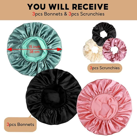 3+3 Large Satin Bonnets with Scrunchies for Women, Wide Band Hair Bonnet for Sleeping Braids Curly Hair