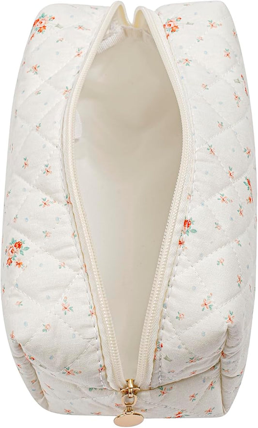 JOVAKIT Square Makeup Bag Cute Cosmetic Bag for Women, Floral Coquette Aesthetic Toiletry Bag, Zipper Make Up Pouch, Travel Make Up Organizer Bag (White Small Flower)