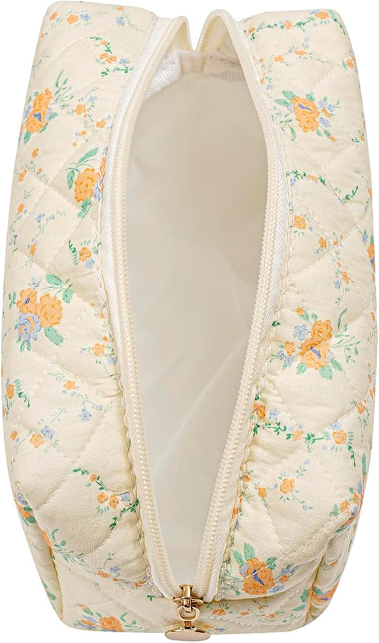 JOVAKIT Square Makeup Bag Cute Cosmetic Bag for Women, Floral Coquette Aesthetic Toiletry Bag, Zipper Make Up Pouch, Travel Make Up Organizer Bag (Yellow Orange Flower)