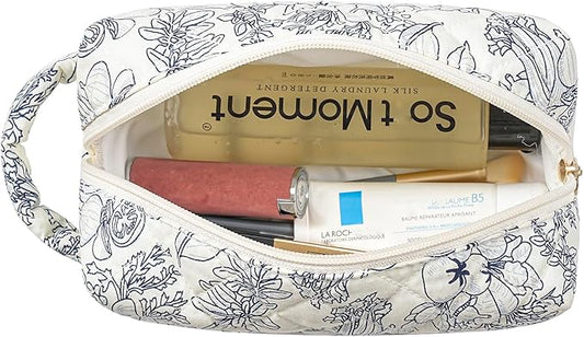 JOVAKIT Travel Makeup Bag Cosmetic Bag for Women, Christmas Gifts, Small Floral Flowers Coquette Toiletry Bag with Handle, Zipper Make Up Pouch Organizer Bag Trendy Stuff (Navy Blue Flower)