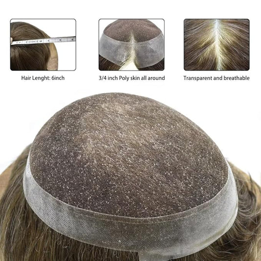 FACE MIRACLE Hair System for Men French Lace Mens Toupee Human Hair Replacement System Lace with PU Toupee for Men Male Hair Piece Wigs 6"X8" #740 7# VERY LIGHT BROWN WITH 40% SYNTHETIC GREY