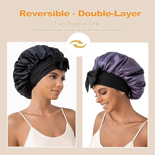 GDTOGRT Satin Silk Bonnet for Sleeping Women - Double Layer Sleep Hair Bonnets Caps for Curly Braid Hair with Tie Band