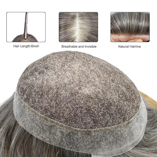 FACE MIRACLE Lace Front Mens Toupee Human Hair System Swiss Lace Center Toupee for Men Thin Skin PU Around Hair Replacement System V-Looped Mens Hair Wig Units 6"X8" #365 Dark Brown with 65% Gray