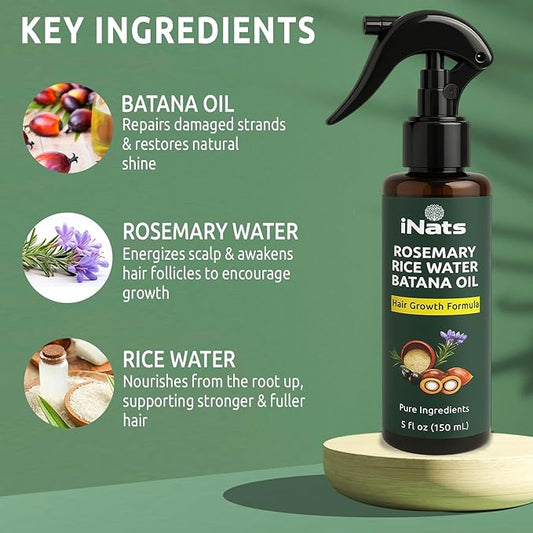Rosemary Water Spray for Hair Growth w/Rice Water, Biotin, Batana & Peppermint Oil – Non-Sticky Organic Hair Growth Spray to Control Hair fall & Strengthen Strands - For Men & Women – 5 fl oz