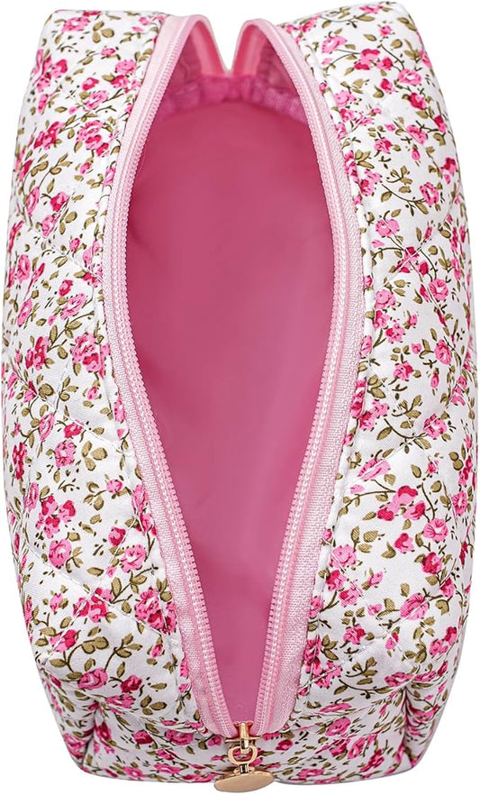 JOVAKIT Square Makeup Bag Cute Cosmetic Bag for Women, Floral Coquette Aesthetic Toiletry Bag, Zipper Make Up Pouch, Travel Make Up Organizer Bag (Red Floral)