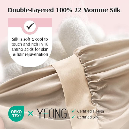 YFONG 100% 22 Momme Mulberry Silk Bonnet for Sleeping Women, Larger Double Layer Silk Hair Wrap for Curly Short Long Hair, Non-Slip Sleep Cap Turban with Elastic Tie Band for Hair Care, Champagne