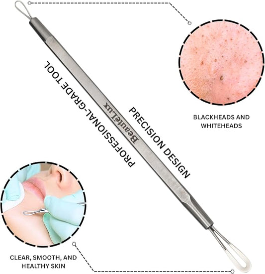 Blackhead Removal Tool, 2-in-1 Acne Extractor Tool - Stainless Steel Blackhead/Whitehead Remover for Face/Nose, Grey Leather Pouch