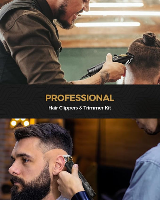 GLAKER Hair Clippers for Men,Professional Mens Hair Clippers Cordless Clippers for Hair Cutting,Precision Trimmer Kit Zero Gap Trimmer with LED Display 15 Guide Combs (Black+Gold)