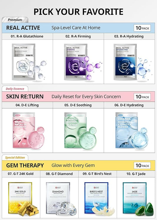 SNP Skin Return Soothing Essence Sheet Mask | Moisturizing and Hydrating for All Skin Types | Vegan Sheet Masks with Tea Tree Extract | Korean Face Masks Skincare | Facial Mask | 10 Sheets
