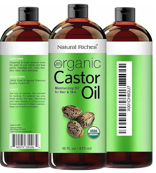 Natural Riches Organic Castor Oil - Cold Pressed, USDA Certified for Hair Growth, Thicker Eyelashes, Eyebrows - Moisturizes Dry Skin and Hair, Helps with Dandruff - Hexane-Free, 16 fl. oz.