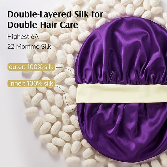 YFONG 100% 22 Momme Mulberry Silk Bonnet for Sleeping Women, Larger Double Layer Silk Hair Wrap for Curly Short Long Hair, Non-Slip Sleep Cap Turban with Elastic Tie Band (Purple & Yellow)