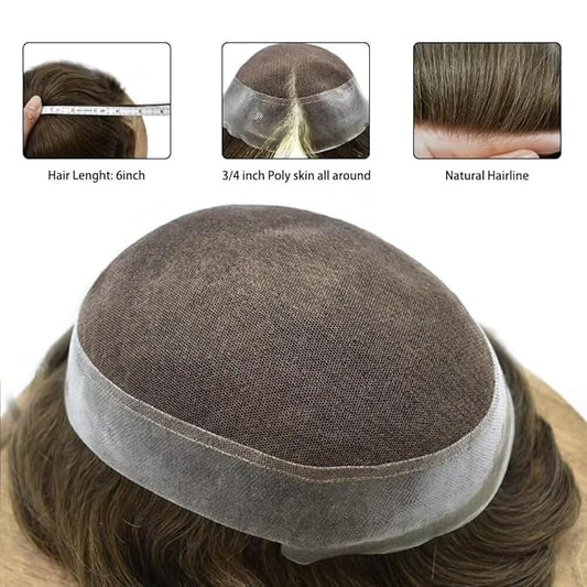 Toupee for Men French Lace Center Human Hair Replacement Systems Transparent Lace Center Hair Piece Mens Toupee Hair Units for Man V-Looped Front Male Hair Prosthesis 6"X9" 4# MEDIUM BROWN