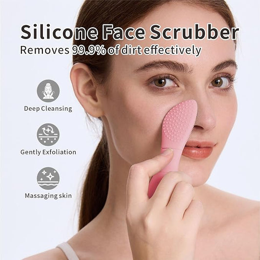 Silicone Face Scrubber Mask Applicator for Nourishing, Pore Deep Cleaning, Blackhead Remover & Exfoliator -No-Slip Long Handle, Gentle Face Massage,Daily Skin Care Tool for Women & Men (Pink)