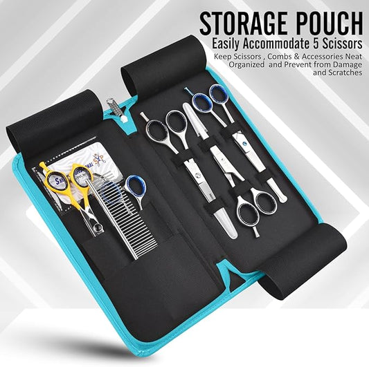Leather 5 Scissor & Shear Storage Case for Hairstylist - Hairdresser -Scissor Holder Perfect for home-saloon use (TURQUOISE)