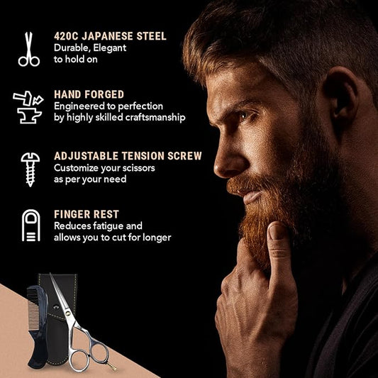 Ontaki Hair Scissors for Beard & Mustache - 5.5" 420C Japanese Steel, Silver, Right Hand - Hand-Forged Hair Cutting Scissors with Ergonomic Handles - Includes Beard Comb with Handle & PU Leather Pouch