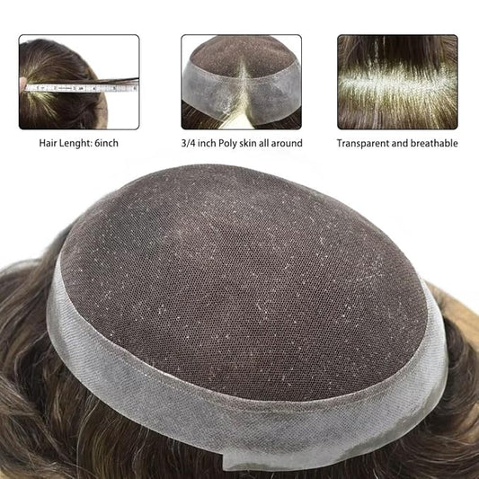 FACE MIRACLE Toupee for Men French Lace Hairpiece Human Hair Replacement System Skin PU Mens Toupee Hair Wigs for Man V-Looped Front 6"x8",#210 6"X8" #1B60 Off Black with 60% Gray-80% Light Density