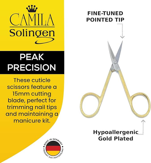 CS05 Professional Nail Cuticle Scissors, Hypoallergenic Gold Plated Sharp Curved Manicure Pedicure Grooming for Finger and Toe Nail Care. Made of Stainless Steel in Solingen, Germany
