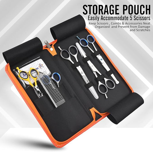 Leather 5 Scissor & Shear Storage Case for Hairstylist - Hairdresser -Scissor Holder Perfect for home-saloon use (Orange)
