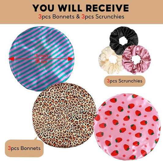 3+3 Large Satin Bonnets with Scrunchies for Women, Wide Band Hair Bonnet for Sleeping Braids Curly Hair