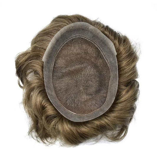 Mens Toupee Human Hair Piece French Lace Toupee for Man Hair System Indian Human Hair Replacement Systems V-Looped PU Front Hairpieces 6"X9" 6# LIGHT BROWN